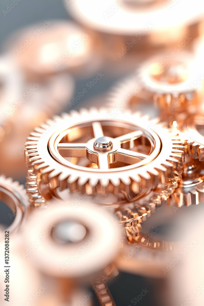 Poster close up of interlocking bronze gears illustrating engineering precision and complex mechanisms