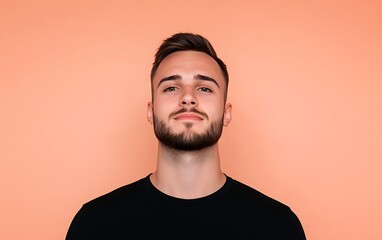 Obraz premium Confident Young Man Portrait, Short Hair, Trimmed Beard, Pastel Peach Background
