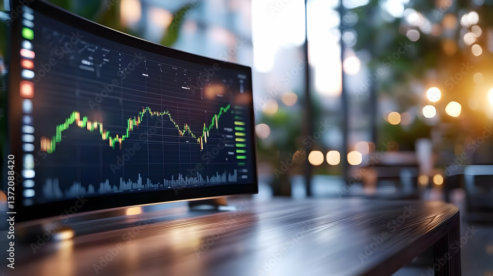 Poster close up of stock market graph on computer screen with blurred background
