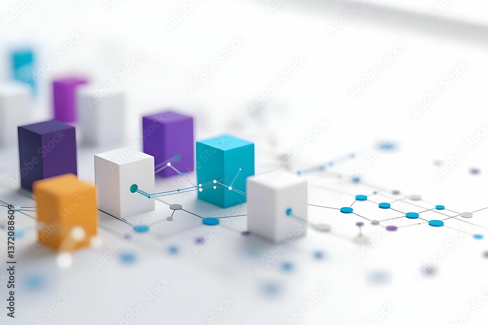 Poster colorful abstract cubes connected by network lines on white surface with soft lighting