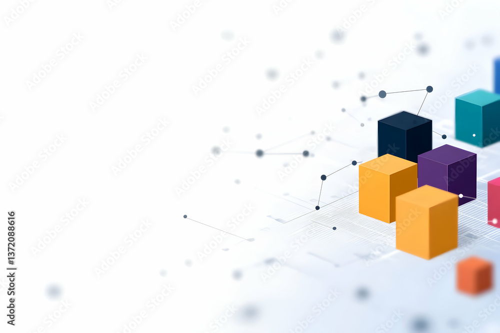 Poster colorful abstract cubes on white background with network connections and data flow