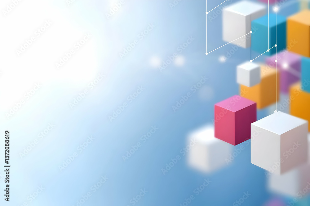 Poster colorful 3d cubes floating on blue gradient background with dotted lines