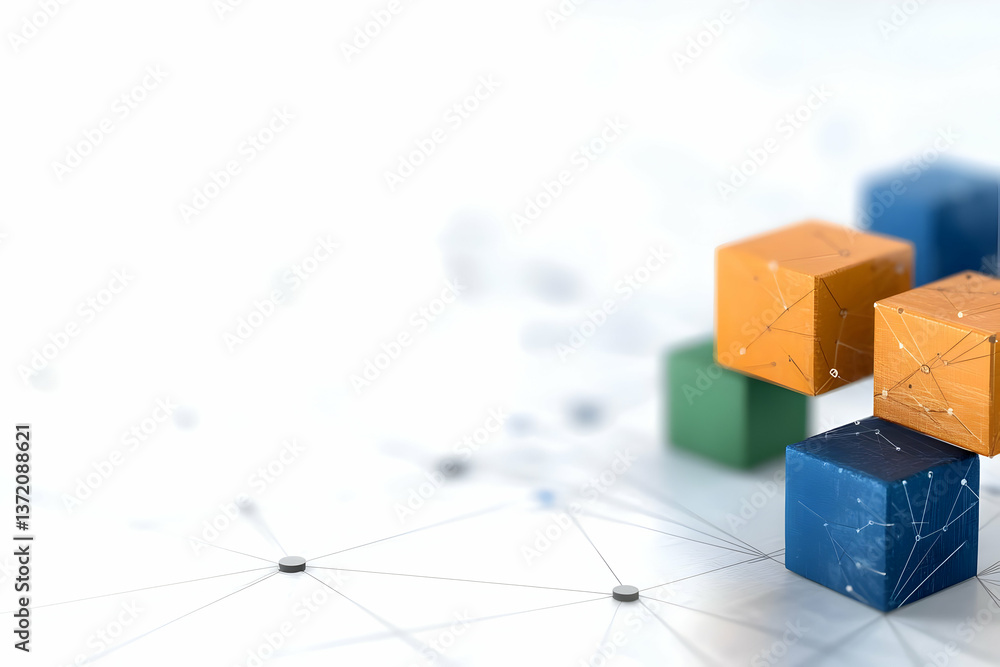 Poster colorful cubes connected by dotted lines creating modern abstract network on white backdrop