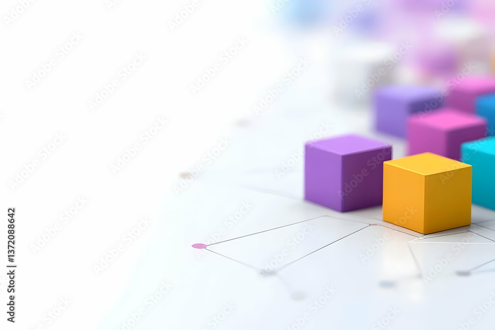Poster colorful cubes arranged on white surface with geometric network connection background
