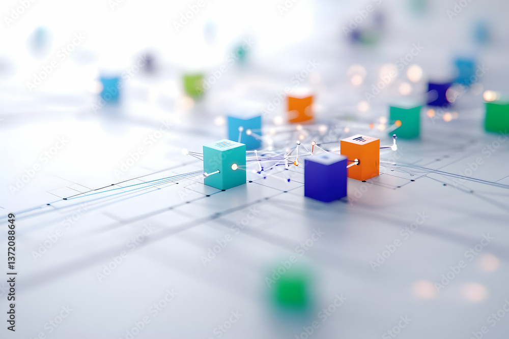 Poster colorful cubes connecting on intricate network structure with bright modern light
