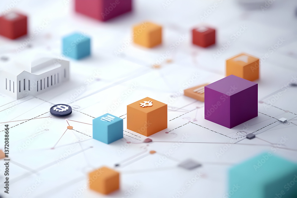 Poster colorful cube structure with network connections on a white surface