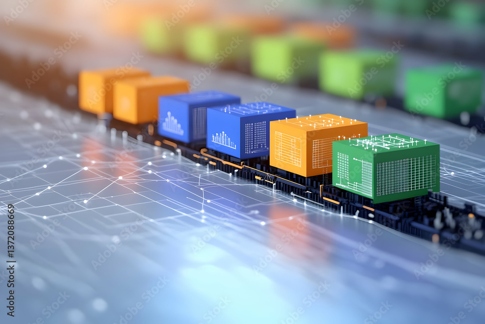 Poster colorful cubes on circuit board conveying abstract data network technology