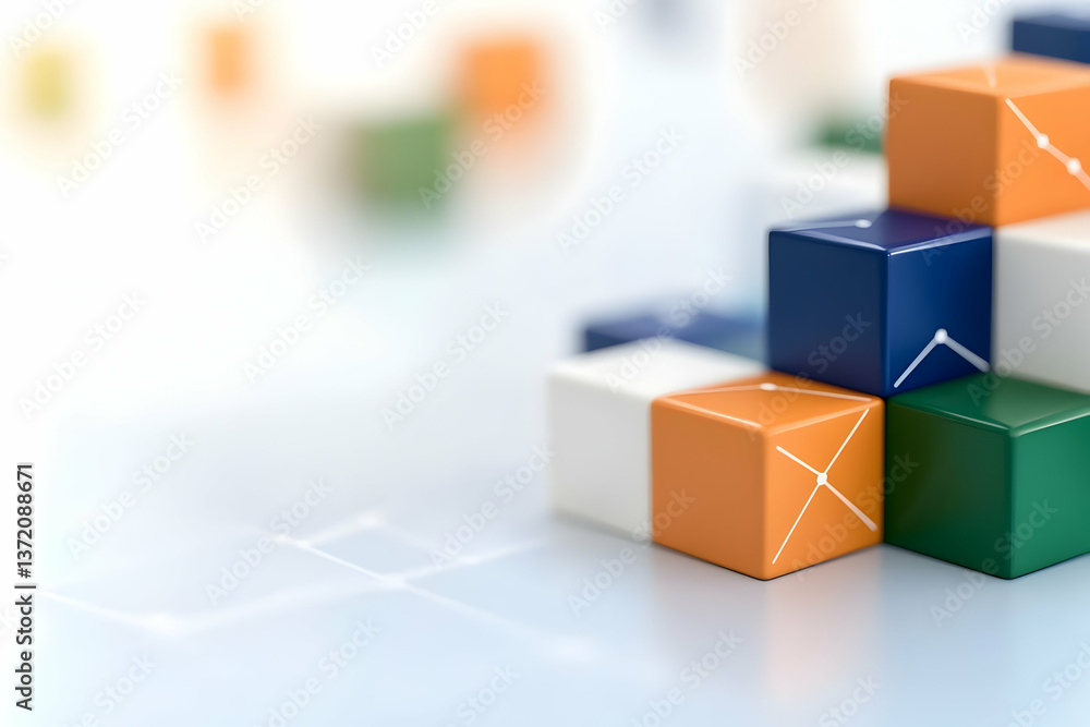 Poster colorful cube blocks arranged geometrically with interconnected white lines in soft lighting
