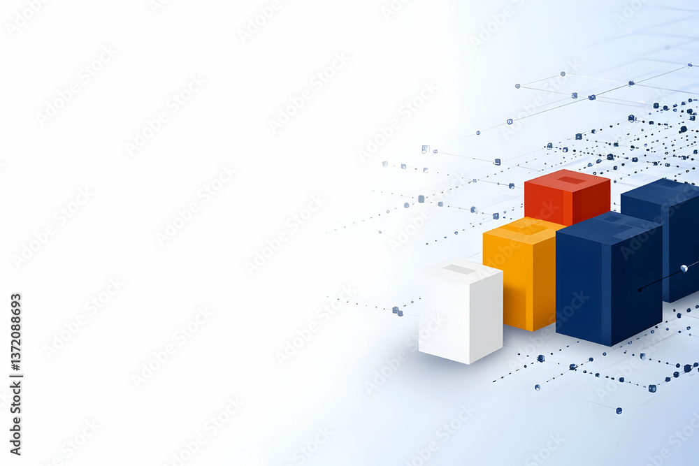 Poster colorful geometric cubes on white background with dynamic data visualization
