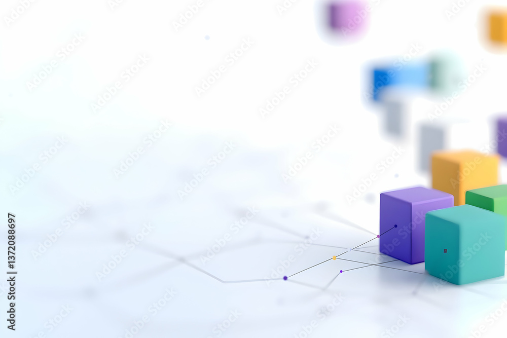 Poster colorful geometric cubes with connected lines on a white background abstract design