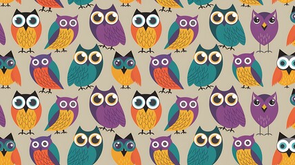 Obraz premium A whimsical pattern featuring colorful owls with big eyes, set against a muted background.
