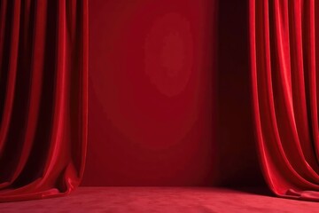 Fototapeta premium Luxurious velvet curtains, deep crimson backdrop, dark, crimson