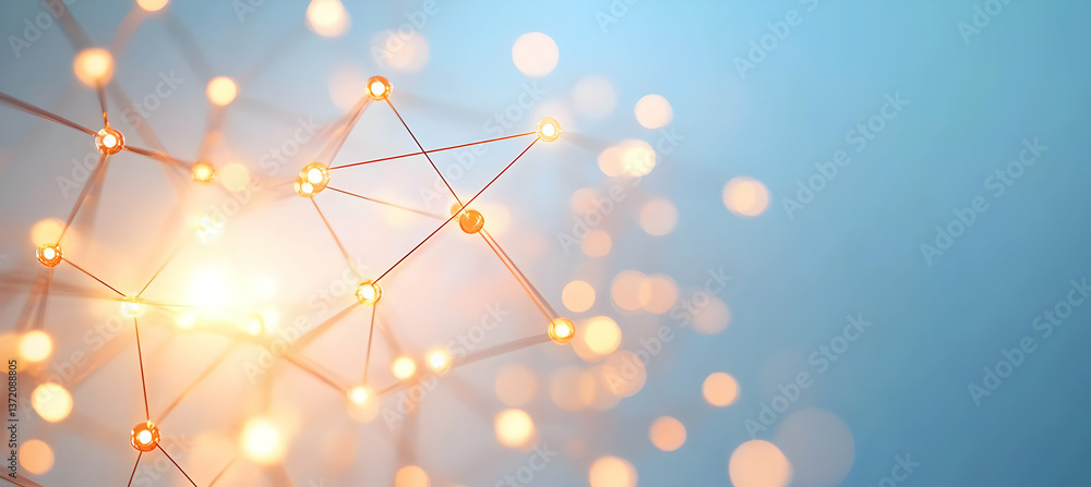 Poster complex connected network on blue background with glowing points and lines