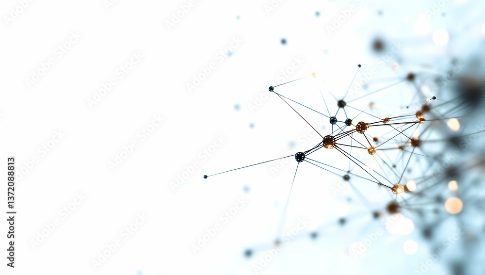 Poster complex network of interconnected nodes and lines with blue tones on white
