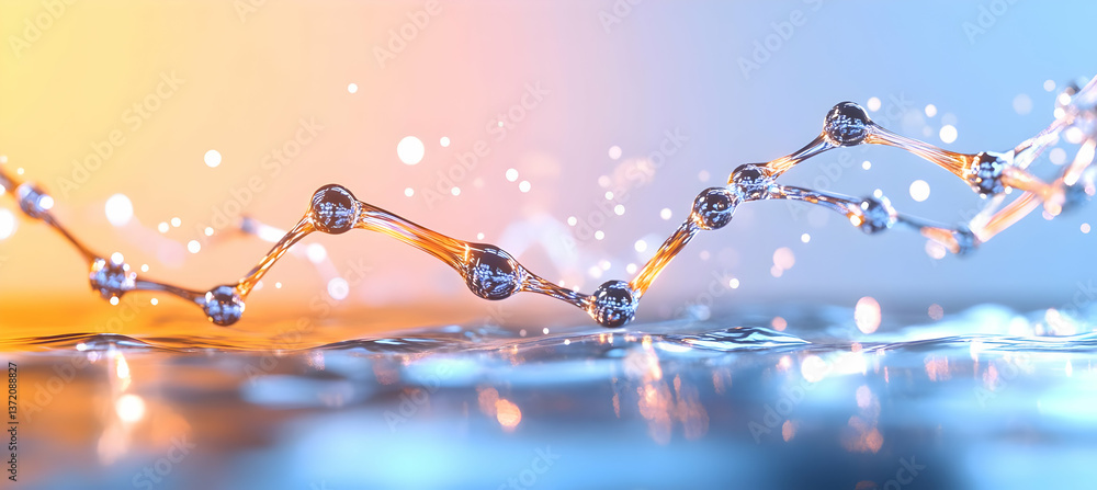Poster complex metallic network structure on reflective plane in soft blue and orange gradient