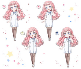 スマホで電話をかけるピンク髪のアニメ風看護師。驚きの表情4種類セット