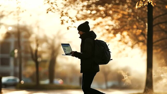 Student juggling coffee and laptop on campus morning