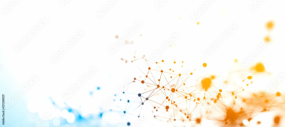 Poster connected dots and lines in a plexus style against white background with blue and orange gradients