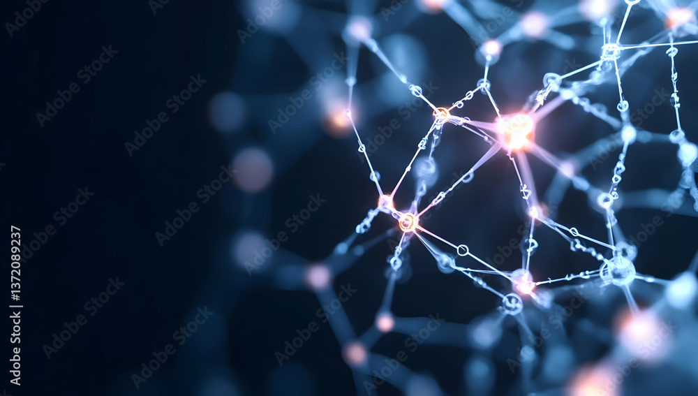 Poster connected dots and lines forming a complex digital network on dark blue background