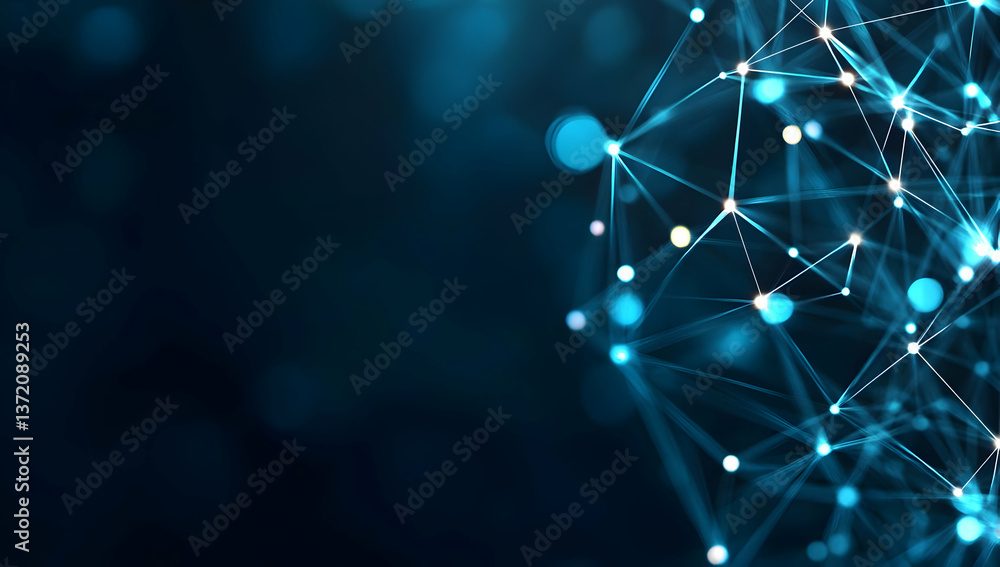 Poster connected dots and lines in blue hues with network communication background