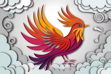Obraz premium A vibrant, stylized phoenix soars amidst paper-cut clouds, showcasing intricate wing details and bold color gradients.