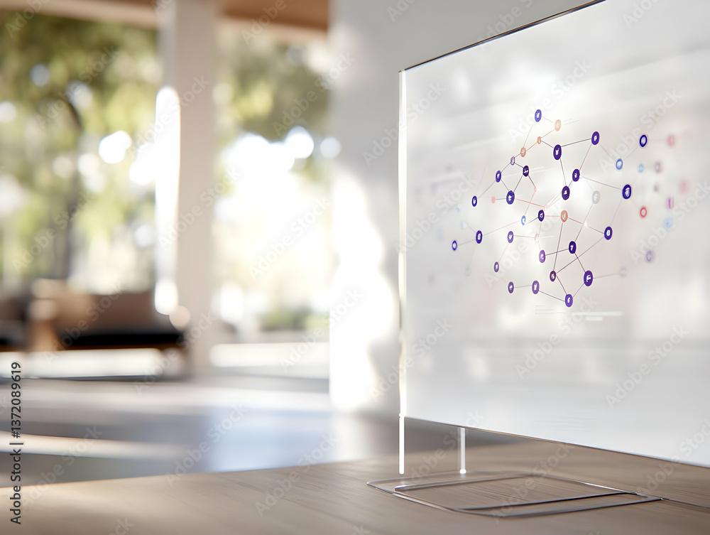 Poster data network visualization on transparent display in modern bright interior