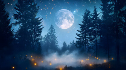 Moonlit Enchantment: The moon casts its ethereal glow upon a misty forest, creating a scene of serene beauty with a touch of magic.