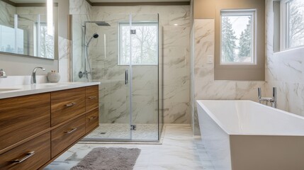 a bathroom with a large tub and a walk in shower