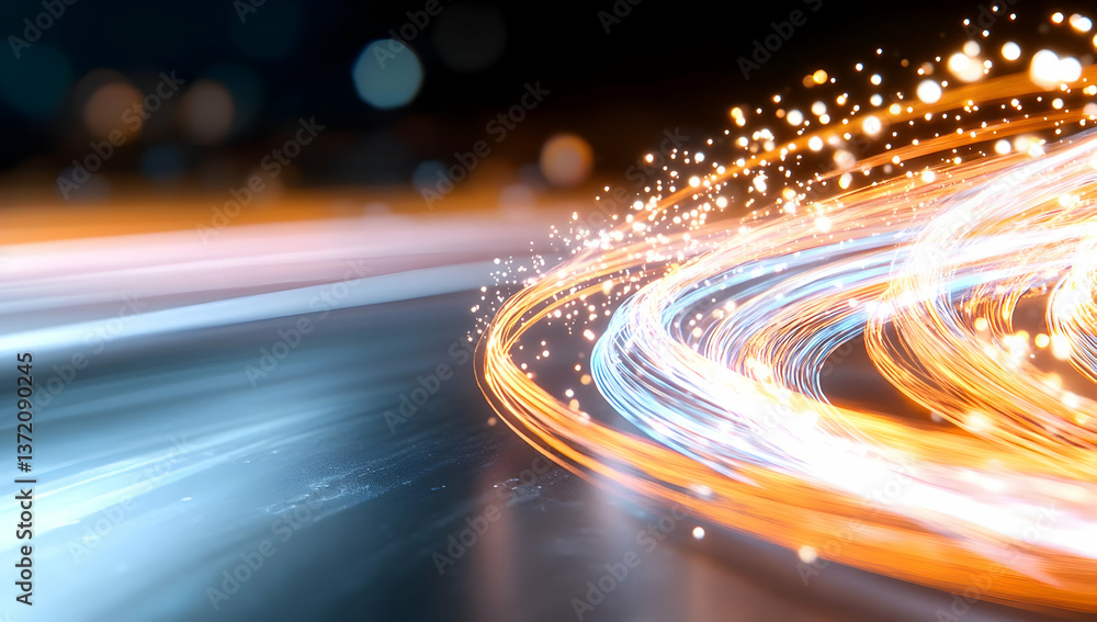 Poster dynamic orange light trails streaking across dark surface with bokeh effect