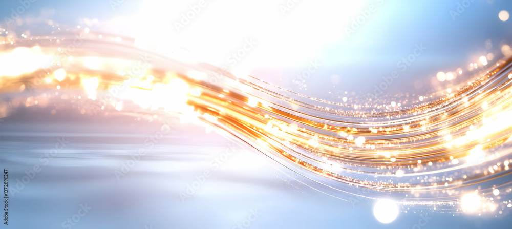 Poster dynamic light streaks and golden particles on smooth gradient background