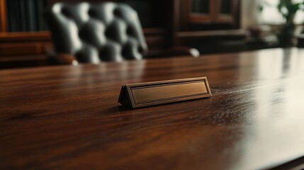 Elegant wooden desk with nameplate in a professional office setting.