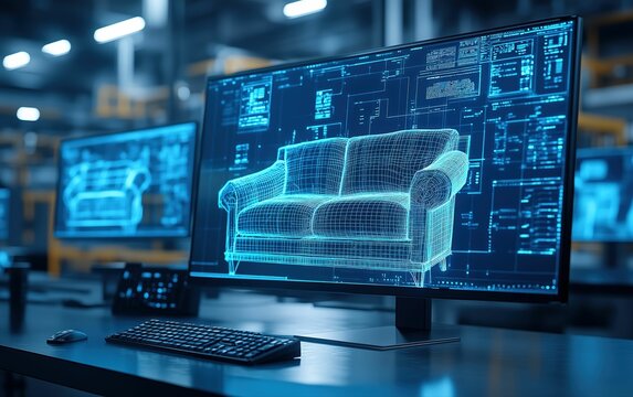 Close-up of a computer screen showing a detailed CAD drawing of a sofa frame, technical and precise, cool, even lighting, focused on the screen details