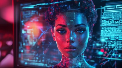 Vibrant holographic female digital assistant on retro crt monitor with nostalgic tech background