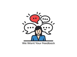 Woman surrounded by speech bubbles; seeking feedback and opinions.