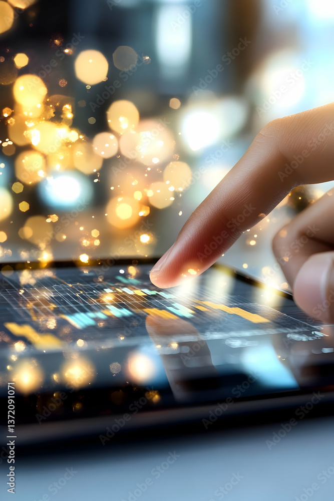 Poster finger touching digital tablet displaying stock market data with bokeh