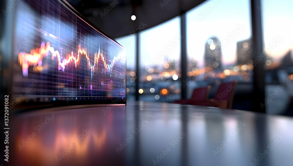 Poster financial stock market graph on screen with bokeh background in office setting