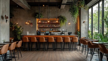 Modern Bar Design:  Industrial Chic Interior with Stylish Seating and Lush Greenery, Creating a Relaxing Atmosphere.