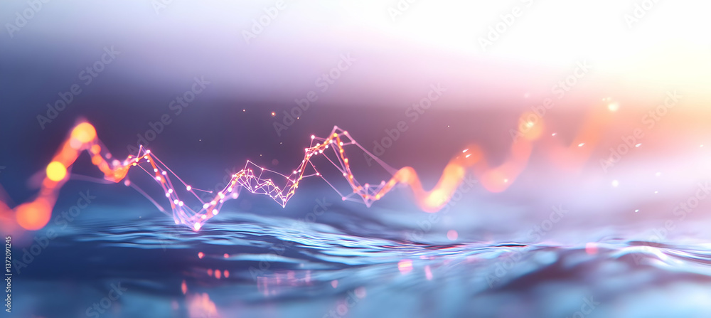 Poster fluctuating data graph wave on rippled surface with sparkles and warm lighting