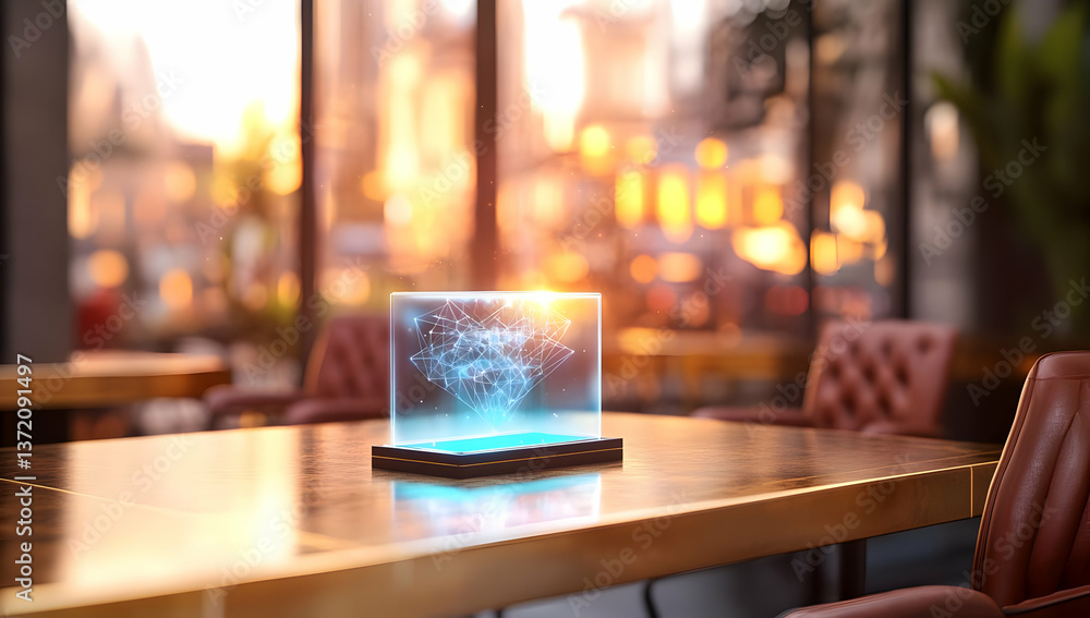 Poster futuristic holographic display on a table in restaurant with warm lighting and bokeh background