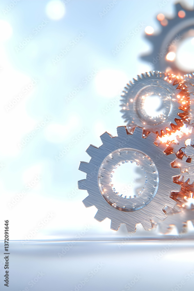 Poster gears and cogs interlocking in silver metal with bokeh background and intricate details