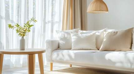 Scandinavian country style, white sofa with milk tone pillows, bell shaped pendant lamp, long curtains with hem, sunny room