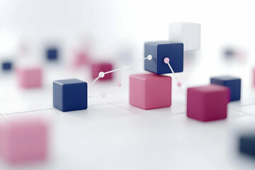 Geometric Cubes in Pink Blue and White Connected by Network Lines on White