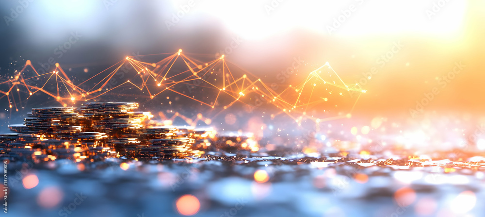 Poster glistening stack of golden coins with connected data points on blurred background