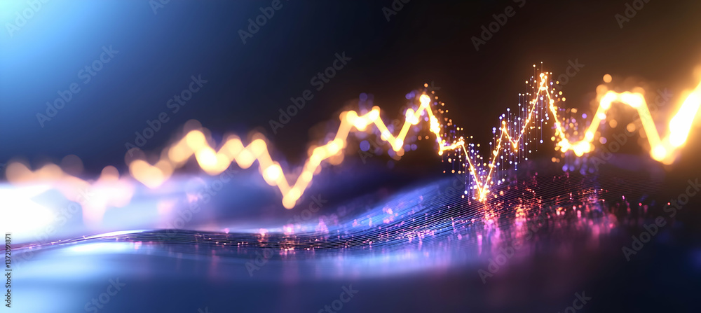 Poster glowing abstract data graph with blue and orange light effects visualization