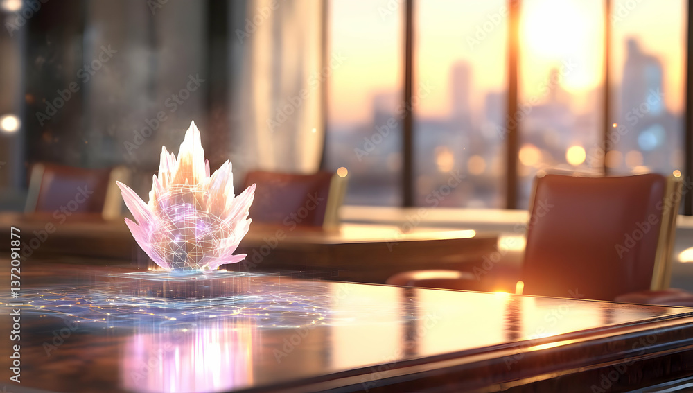 Poster glowing abstract crystal on table in modern conference room with bokeh effect