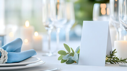 Elegant table setup with blank card, candles, and blue napkins ideal for wedding invitations, menu mockups or event branding. Selective focus