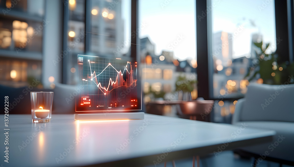 Poster glowing stock chart on computer screen with city view from window at night
