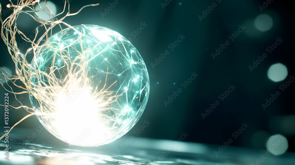 Poster glowing teal energy sphere with neural network connection on reflective surface