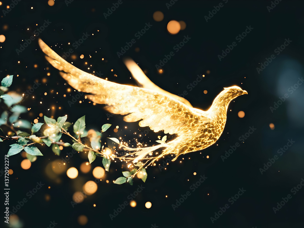 Poster golden bird in flight with sparkling particles on branch against dark backdrop
