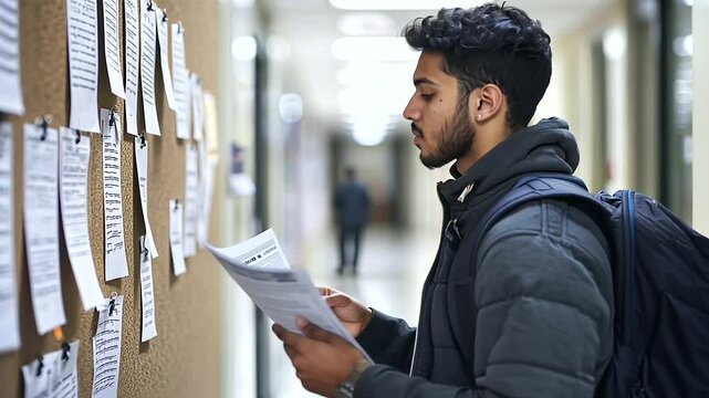 Student pinning flyers to corkboard in vibrant university hallway